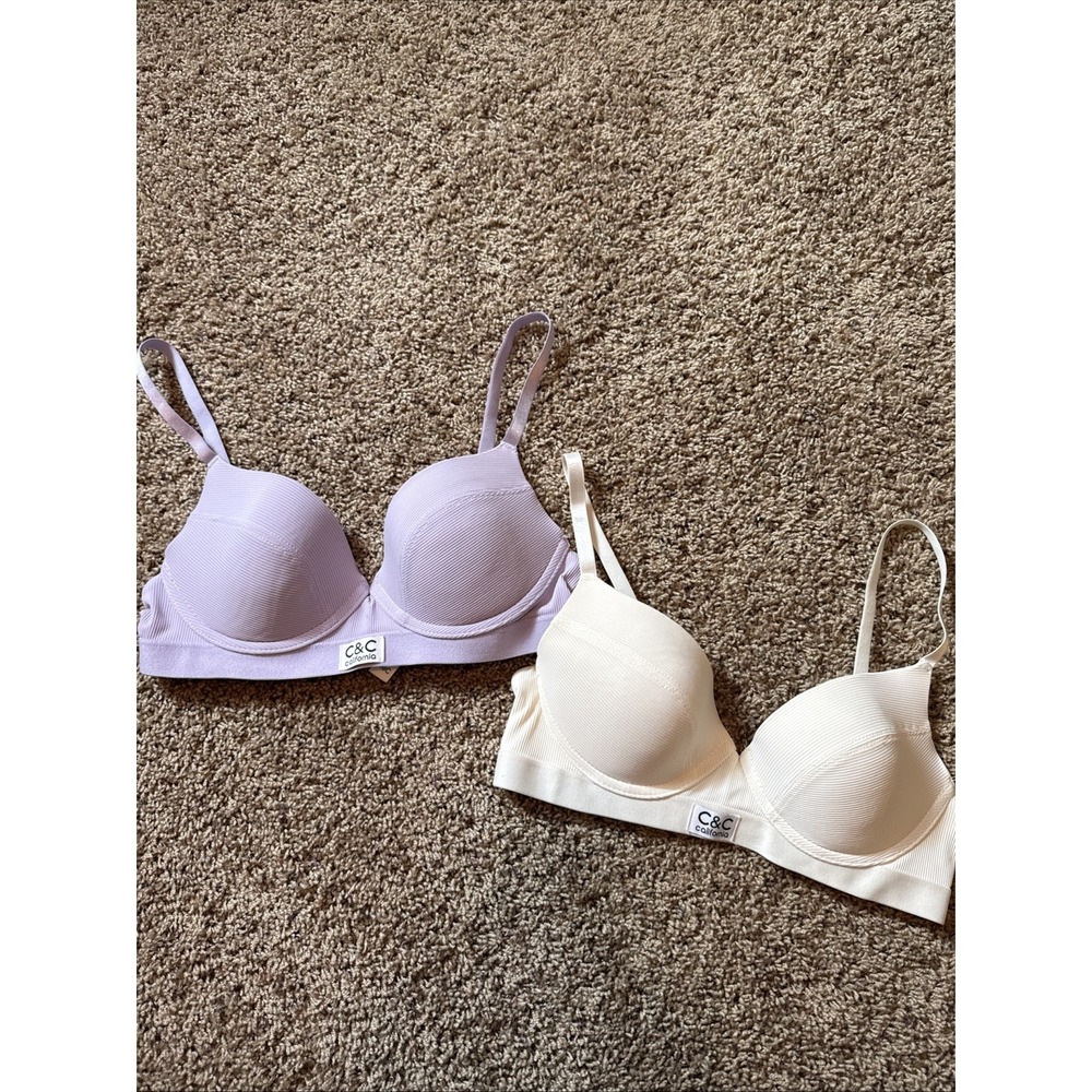 Lot Of 2 C & C California Ribbed Push Up Bra's Sz 36 C Lavender & Cream